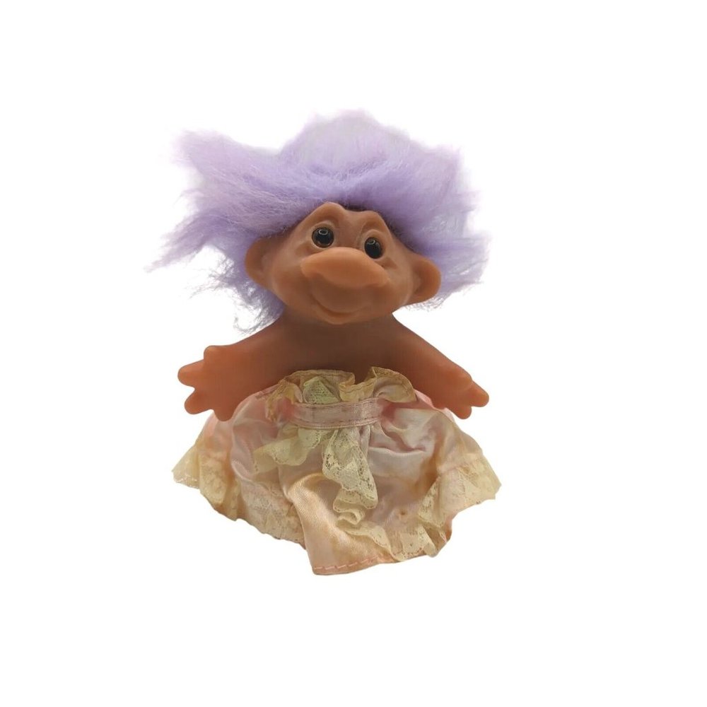 Vintage 1986 DAM Trolls Purple Color Hair in Pink Dress Collectible Doll - Picture 4 of 7